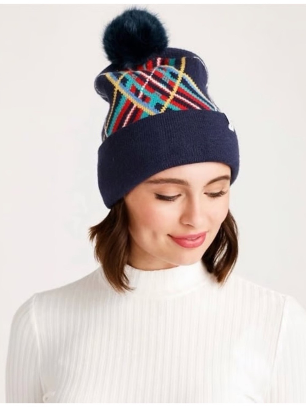 Vera Bradley Tartan Knit Pom Pom Beanie Hat Multicolor/Navy Blue Fall Super Soft